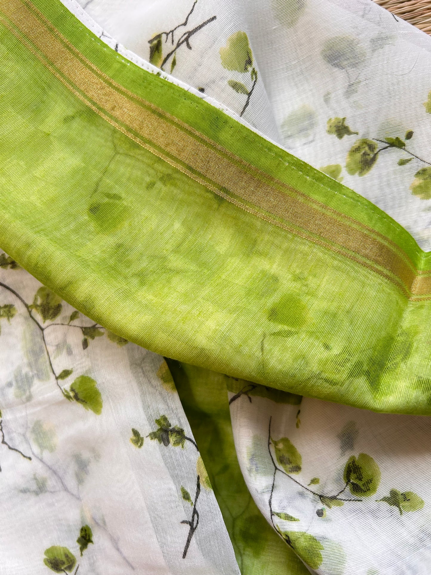 white-green floral cotton silk saree