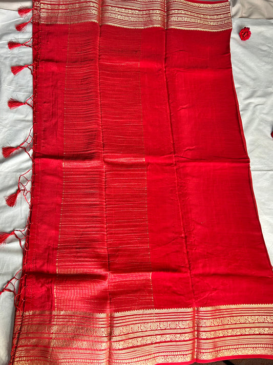Red semi Mysore silk crepe saree