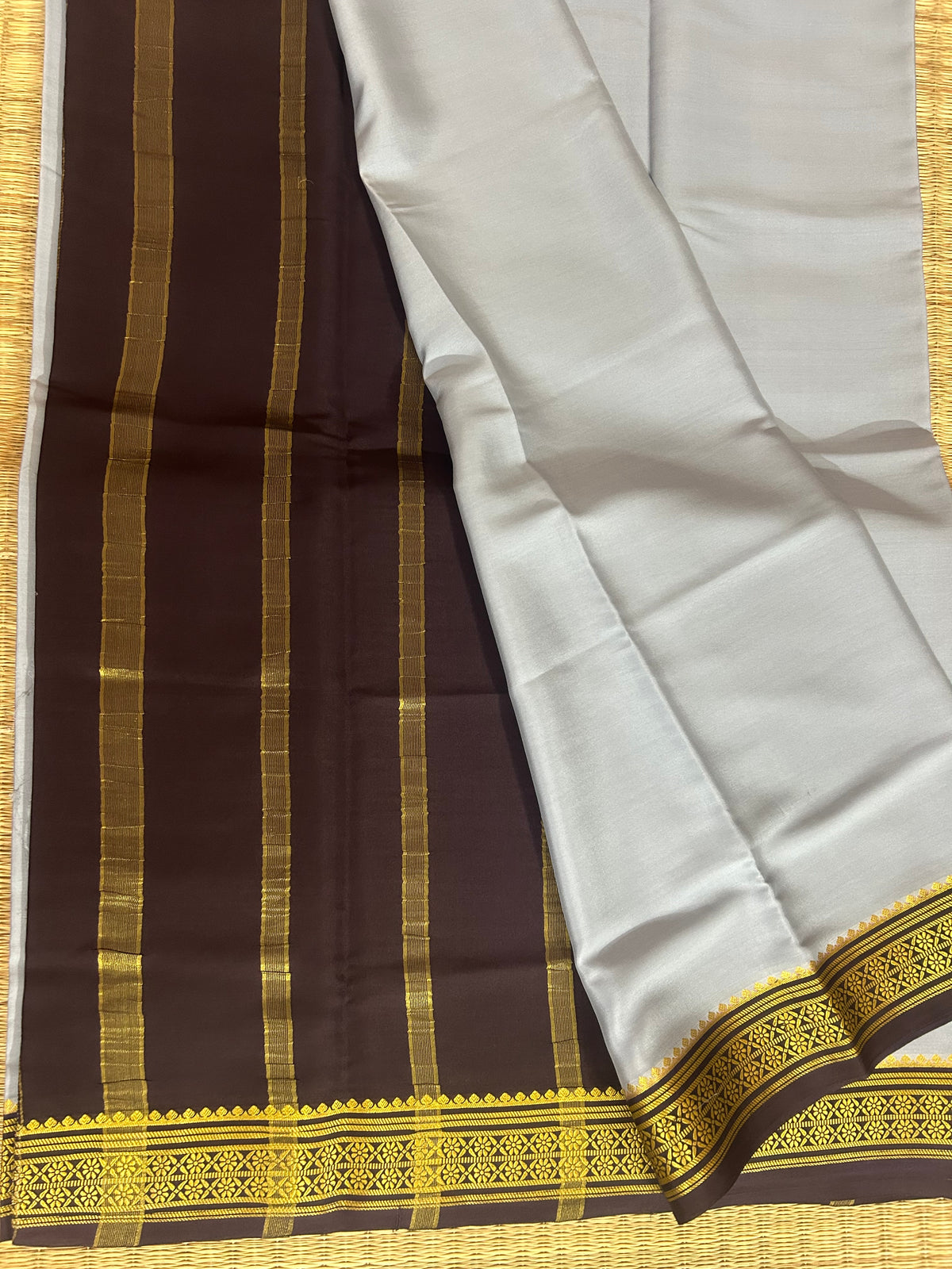 Blue-grey with brown border pure Mysore crepe silk saree