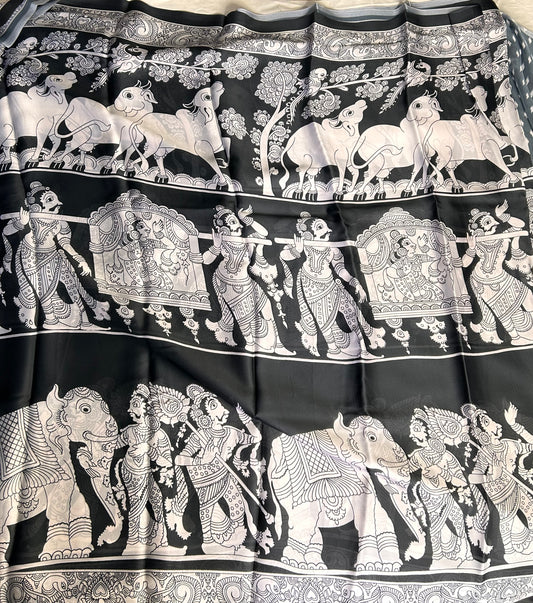 Black & white kalamkari crepe saree