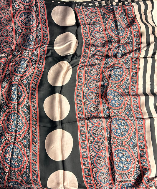 Black stripes Ajrakh modal silk saree