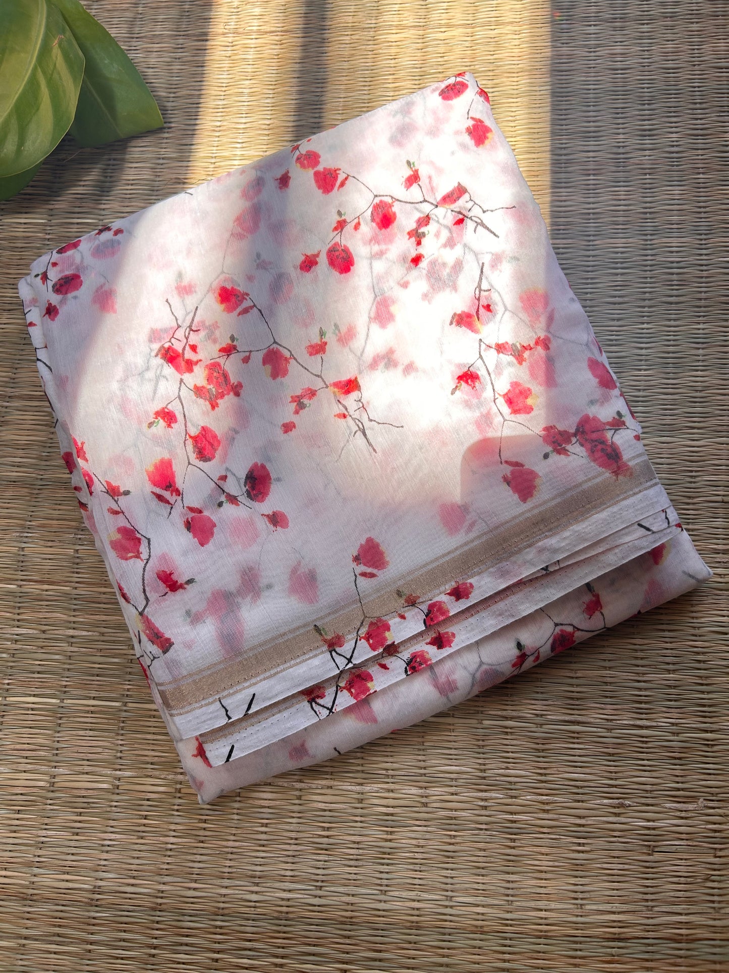 white-red floral cotton silk saree