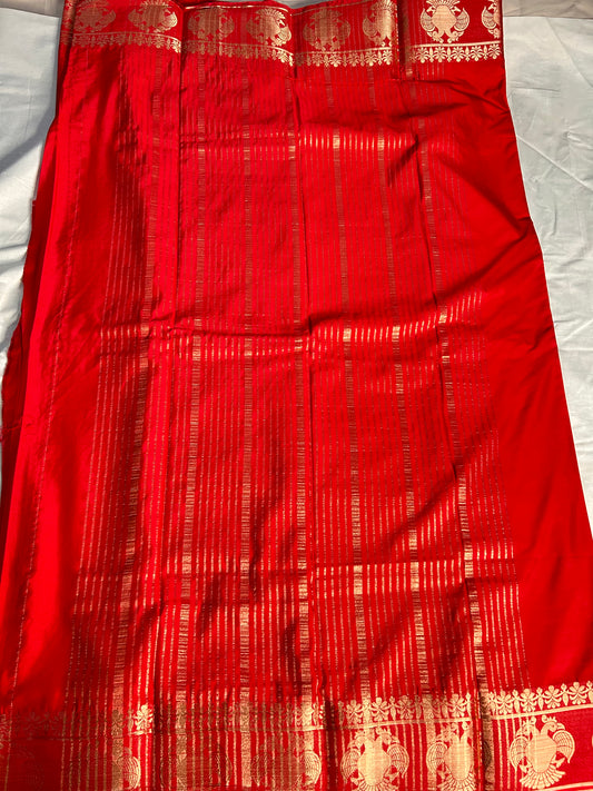 Red gandaberunda crepe Mysore silk saree
