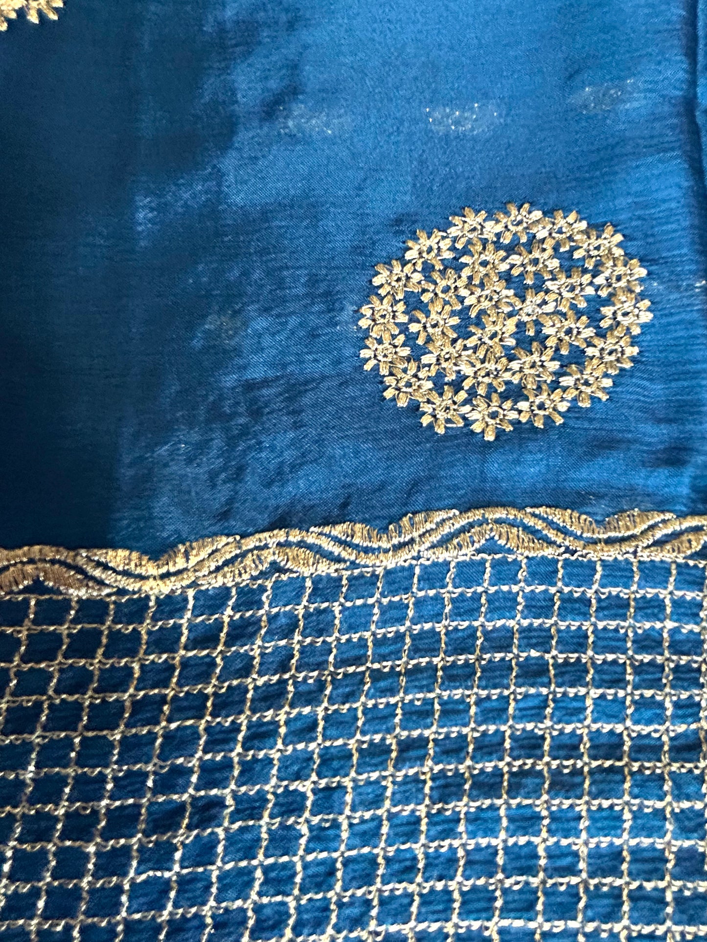 Teal blue chinon crepe saree