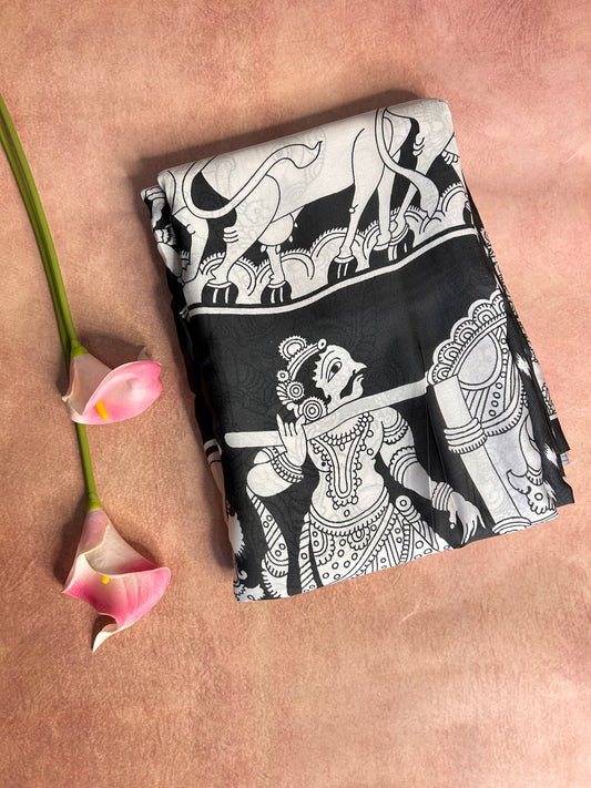 Black & white kalamkari crepe saree