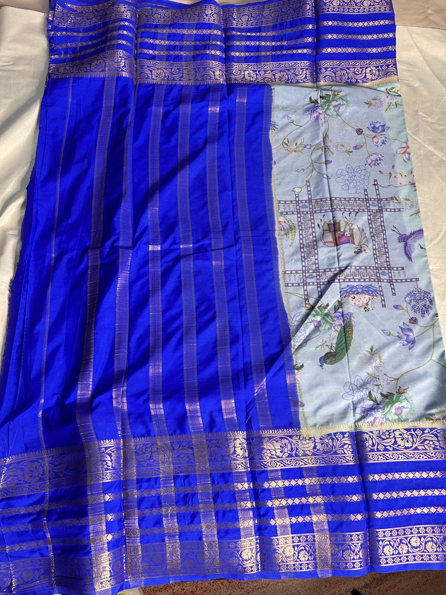 Blue crepe Mysore silk saree