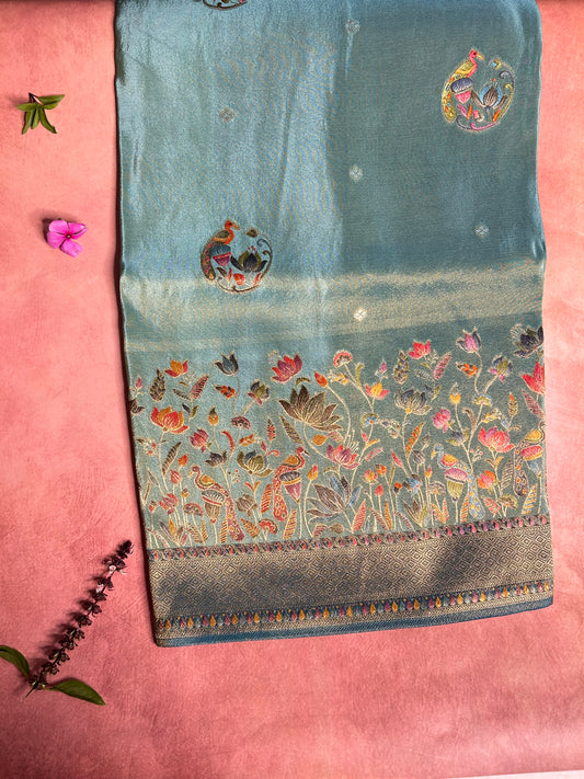 Blue tissue crepe pashmina saree