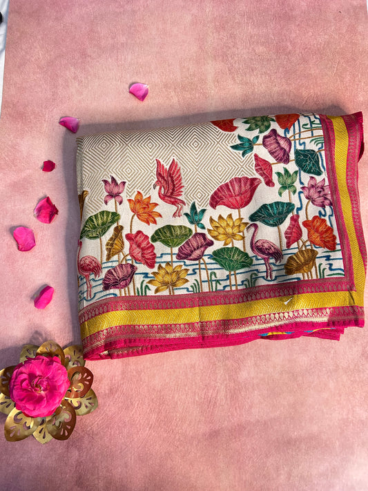 Cream pashmina crepe saree