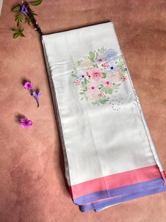 Off-white floral satin saree