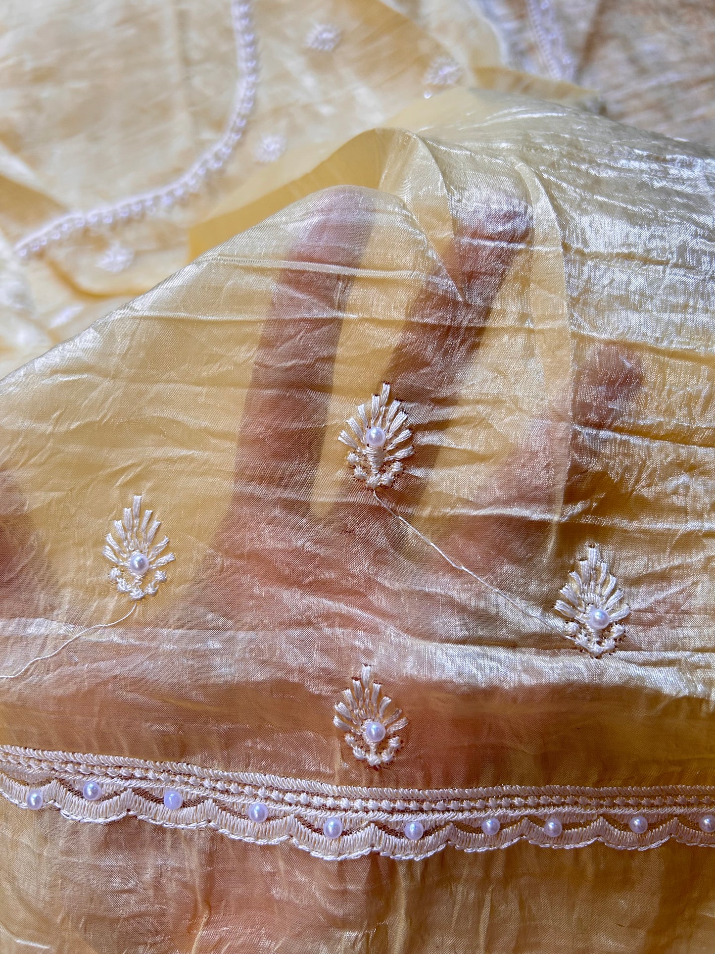 Yellow Crush Organza Saree with Pearl Thread Embroidery (Copy)
