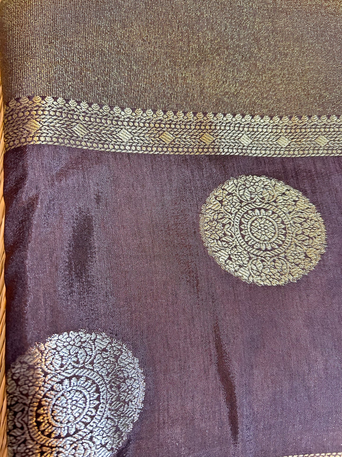 Brown gold tissue crepe saree