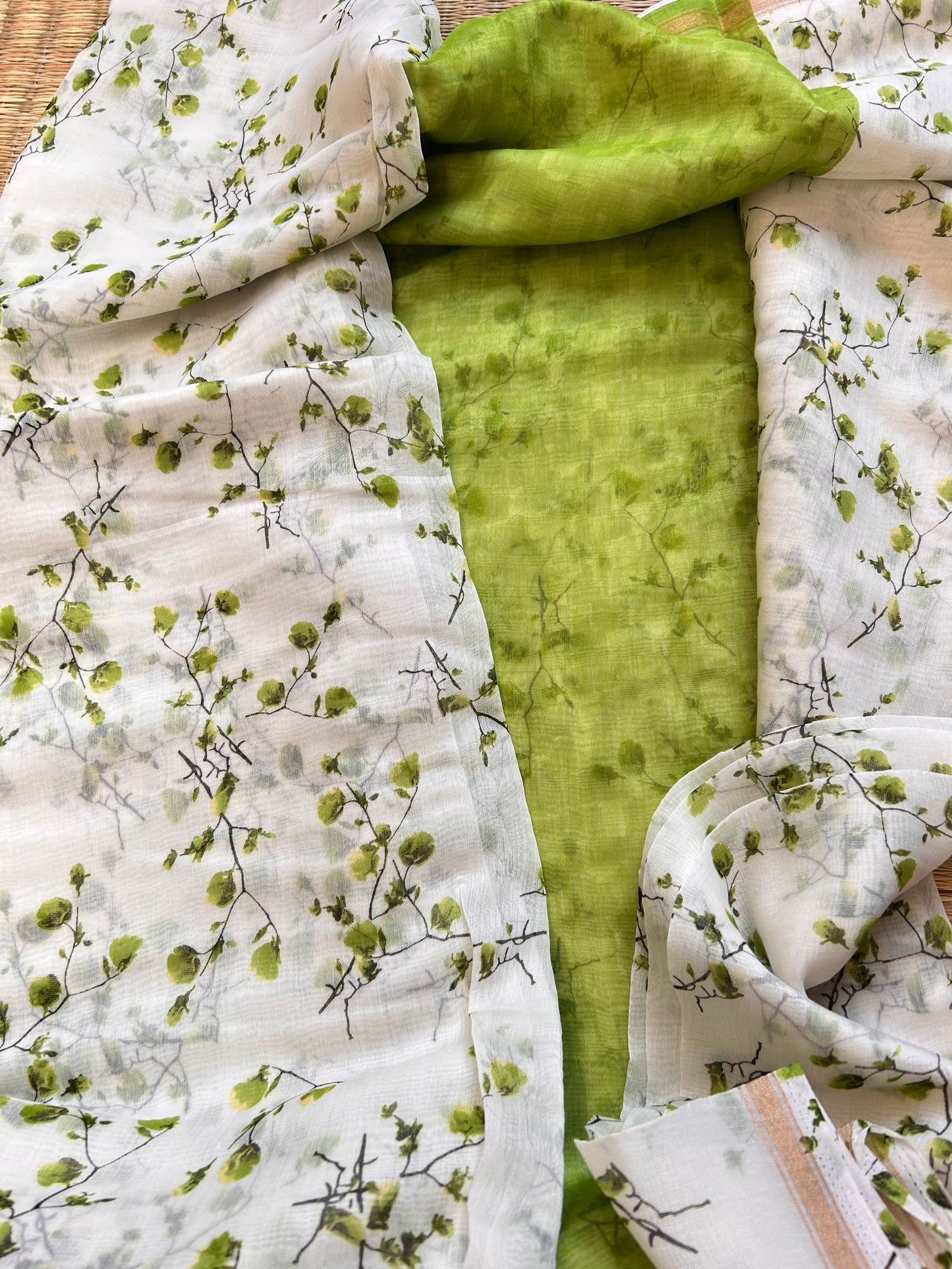 white-green floral cotton silk saree