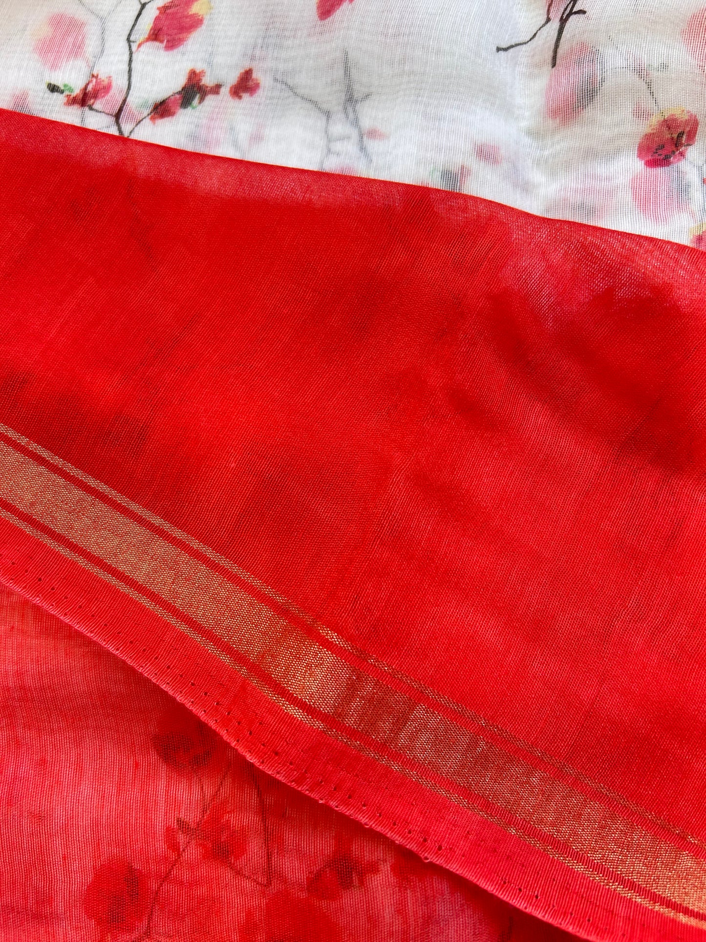 white-red floral cotton silk saree