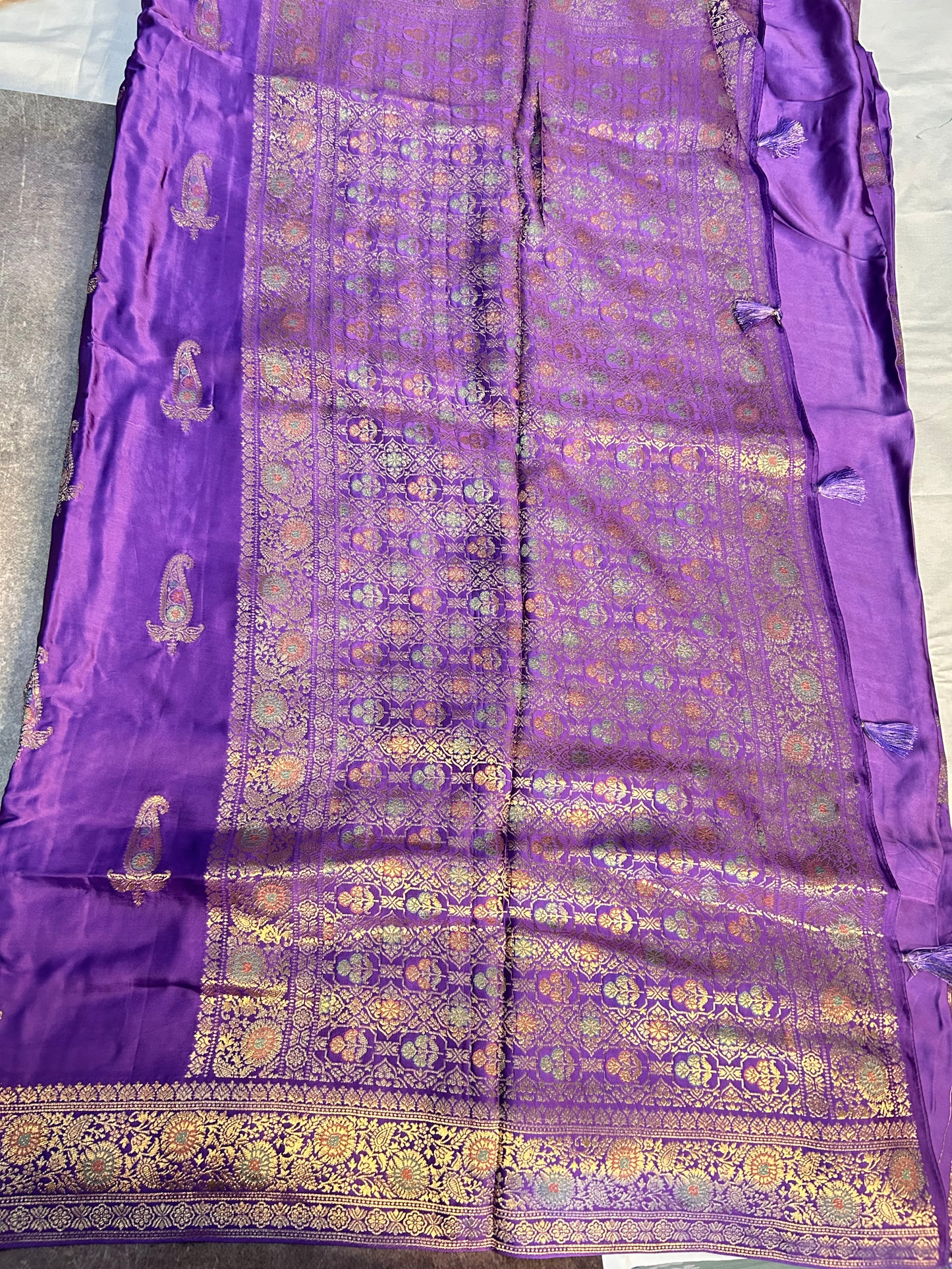 Purple satin Banarasi saree