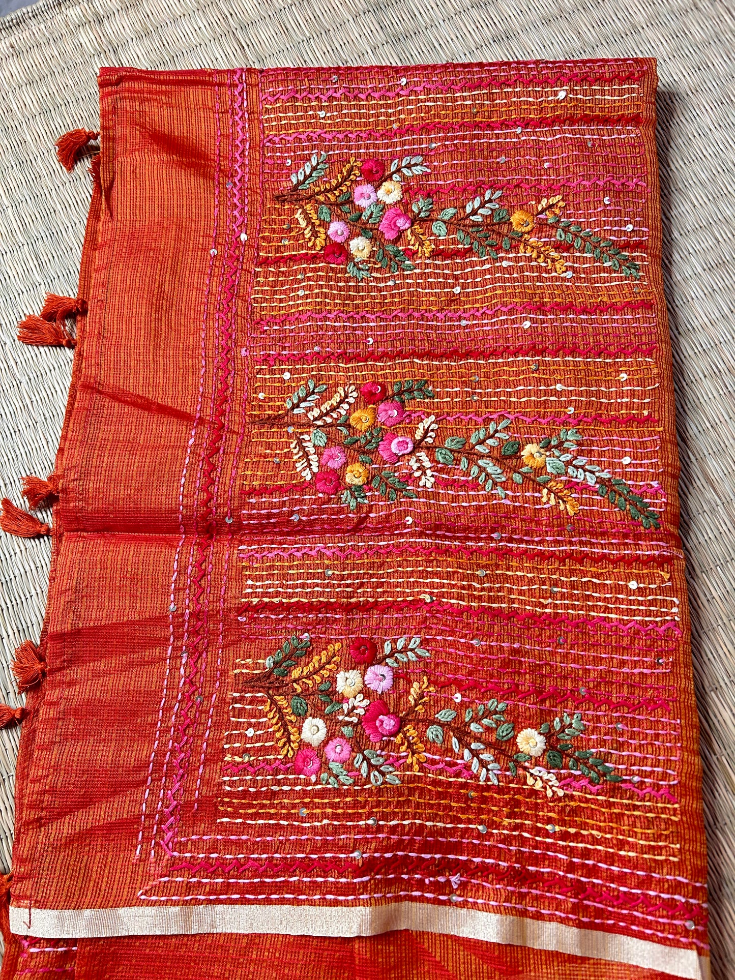 Orange Kota Doria saree with thread work