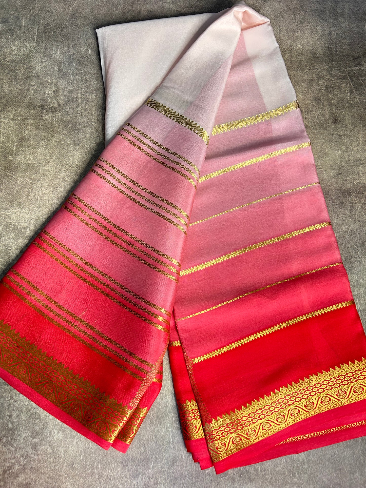 Peach pink brush dye pure Mysore silk saree