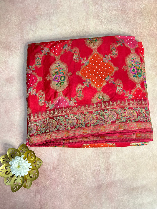 Reddish Pink satin crepe Banarasi saree