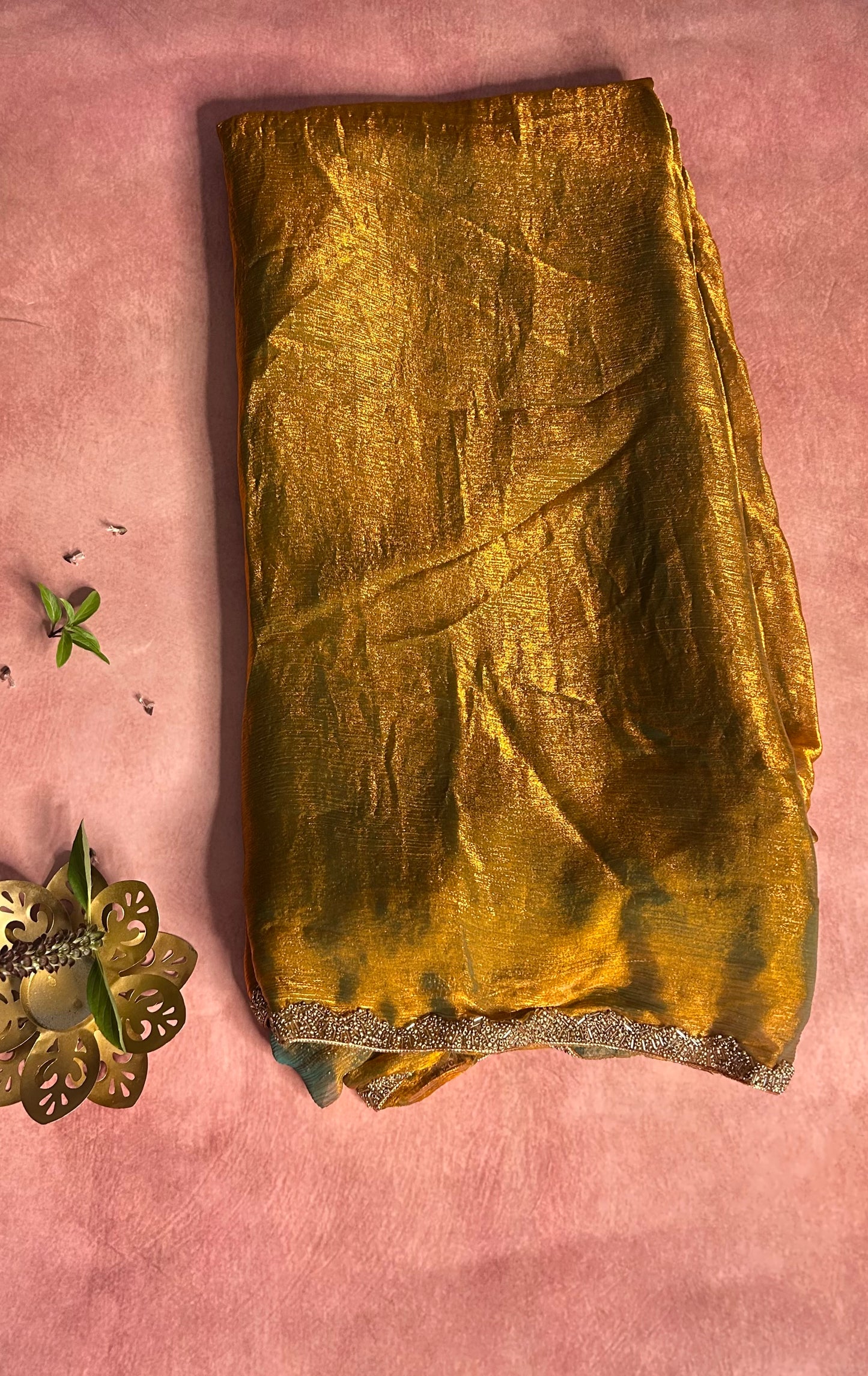 Gold green crush crepe saree