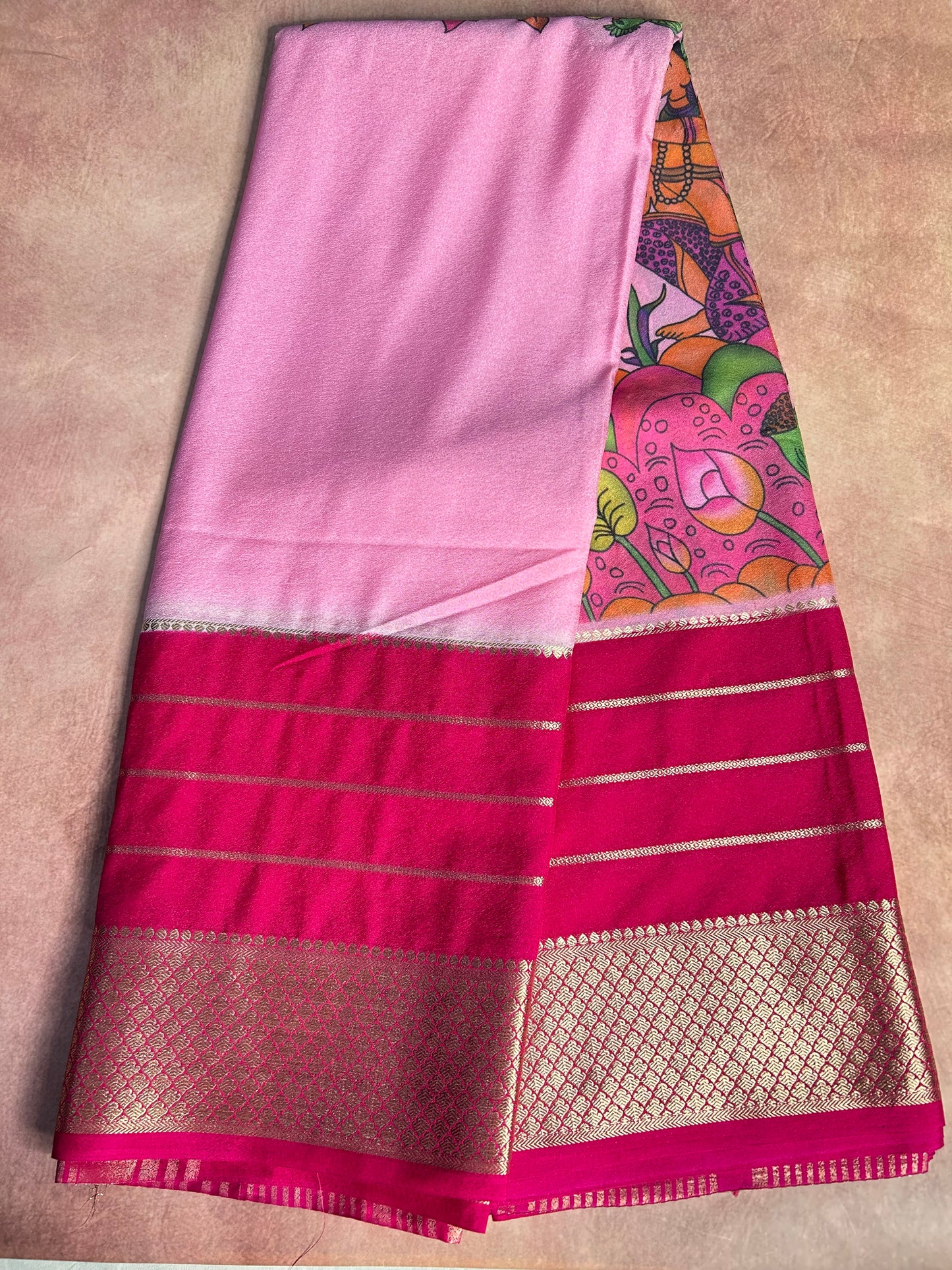 Pink crepe Mysore silk saree