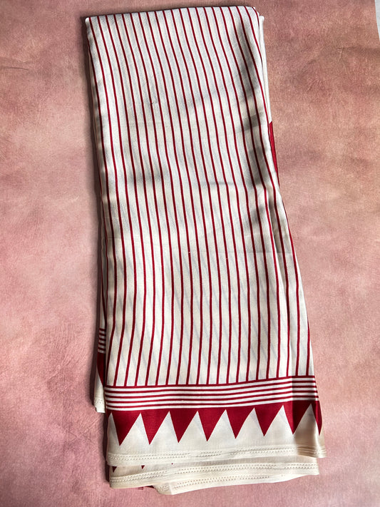 Cream stripes Ajrakh satin saree