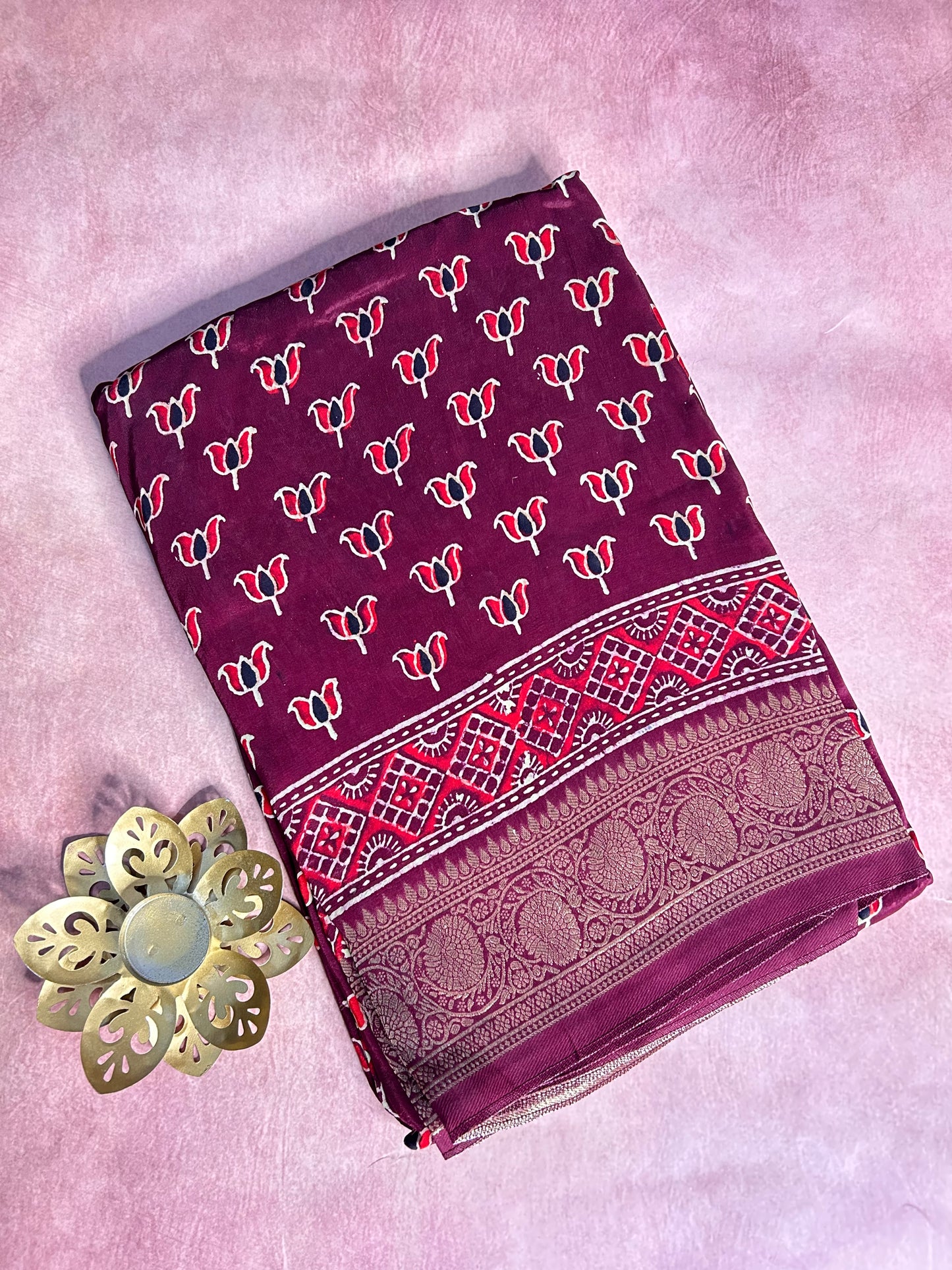 Maroon Ajrakh Dola silk saree