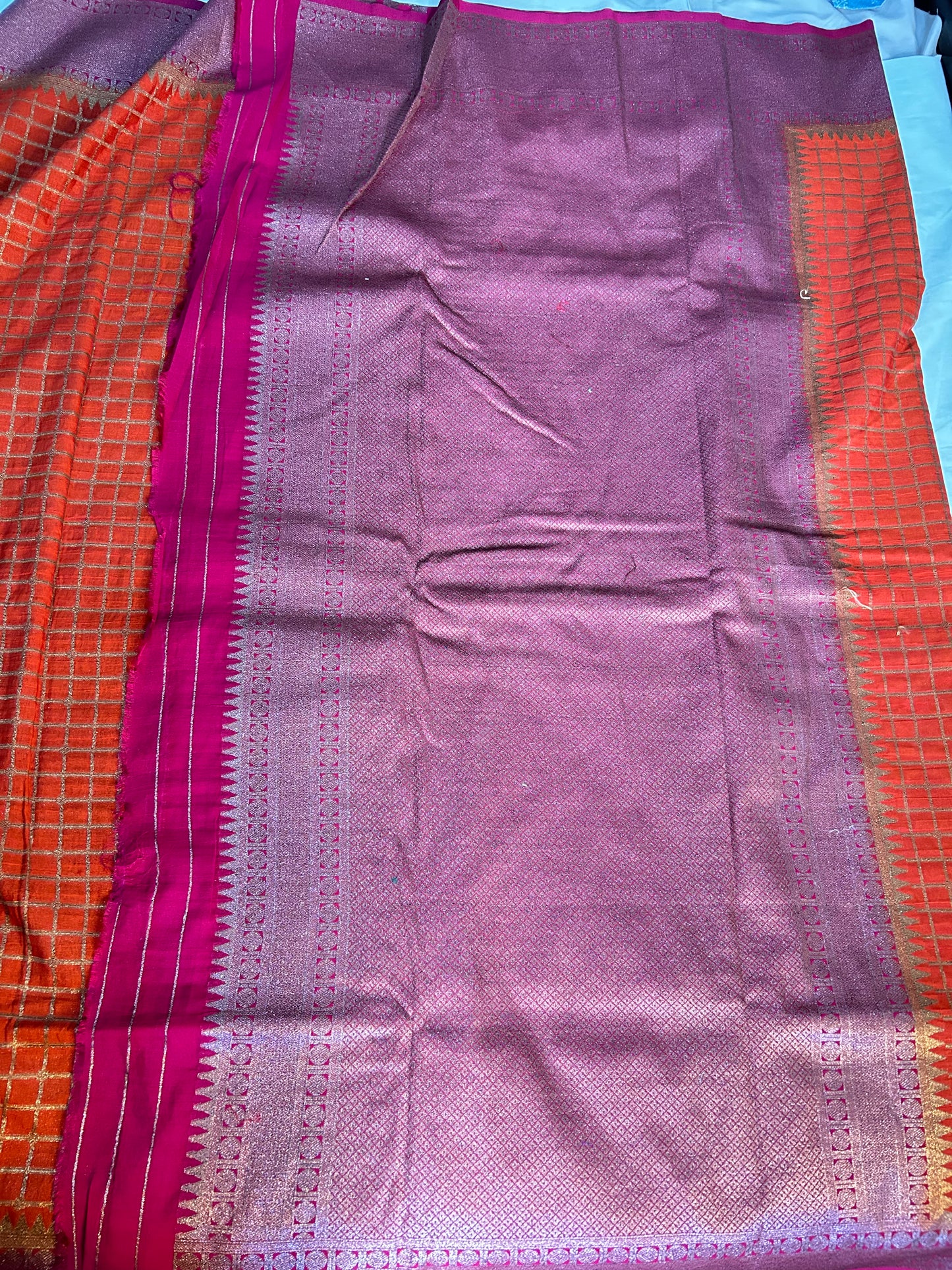 Orange checks khadi georgette Banarasi saree
