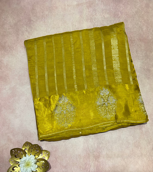 Yellow stripes chinon crepe saree