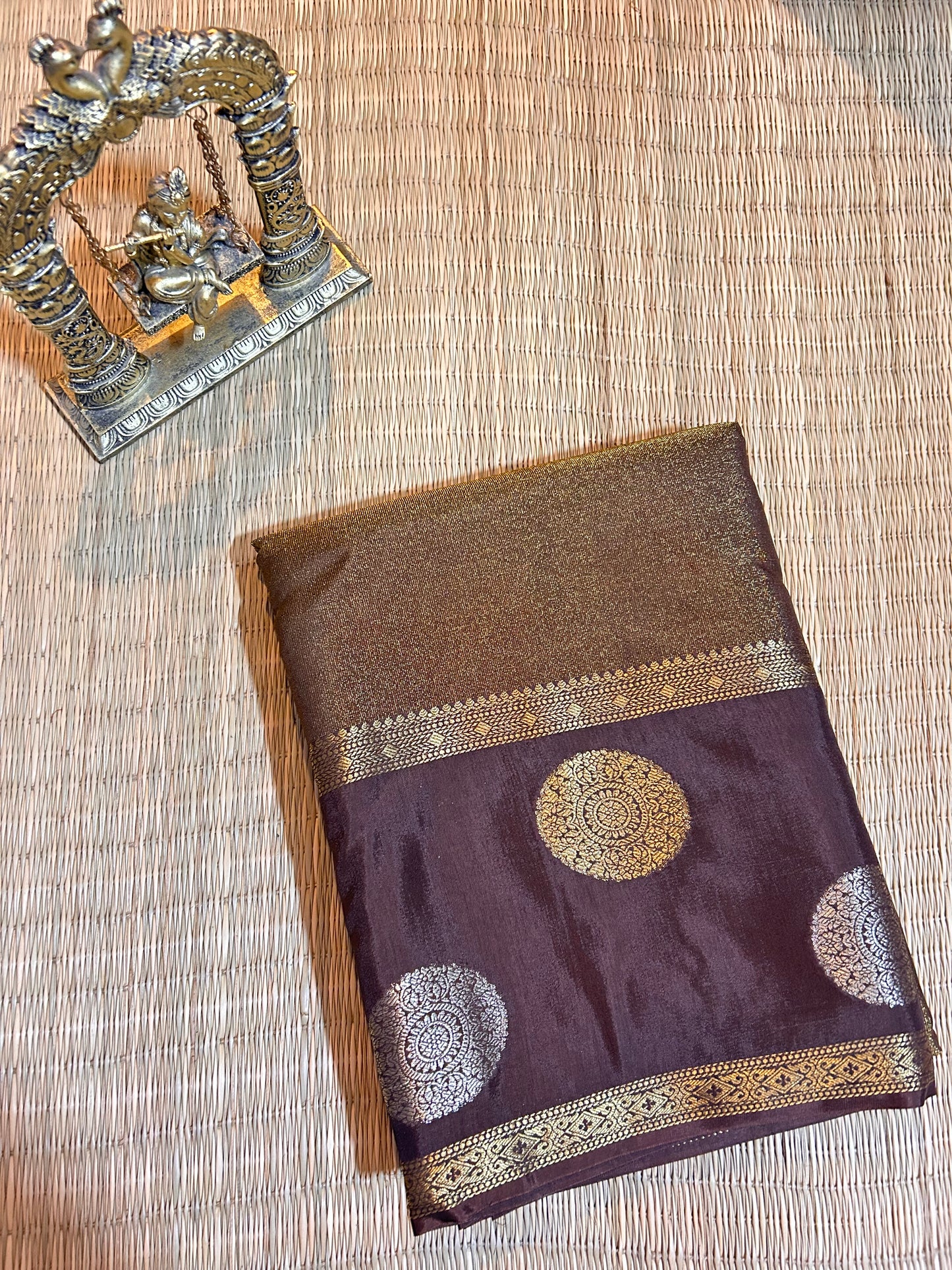 Brown gold tissue crepe saree