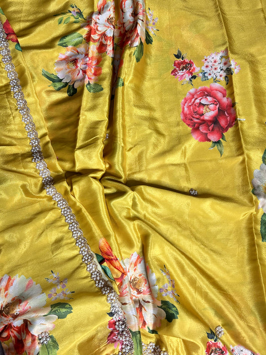 Yellow floral crepe saree