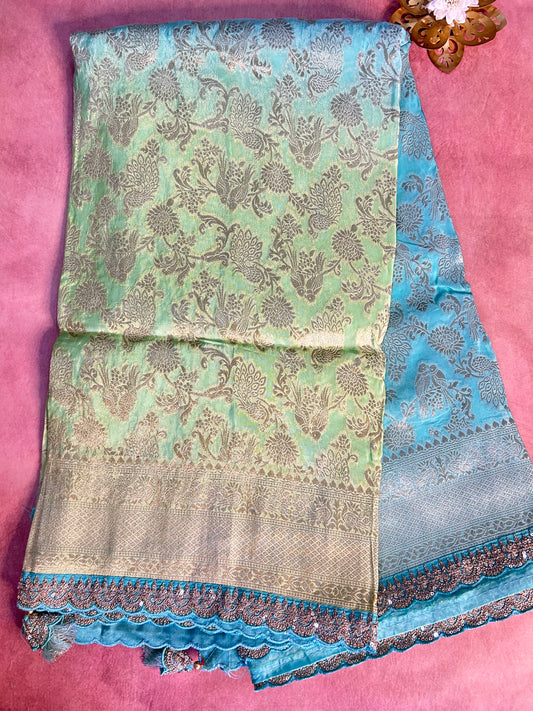 Blue-green brocade crepe saree