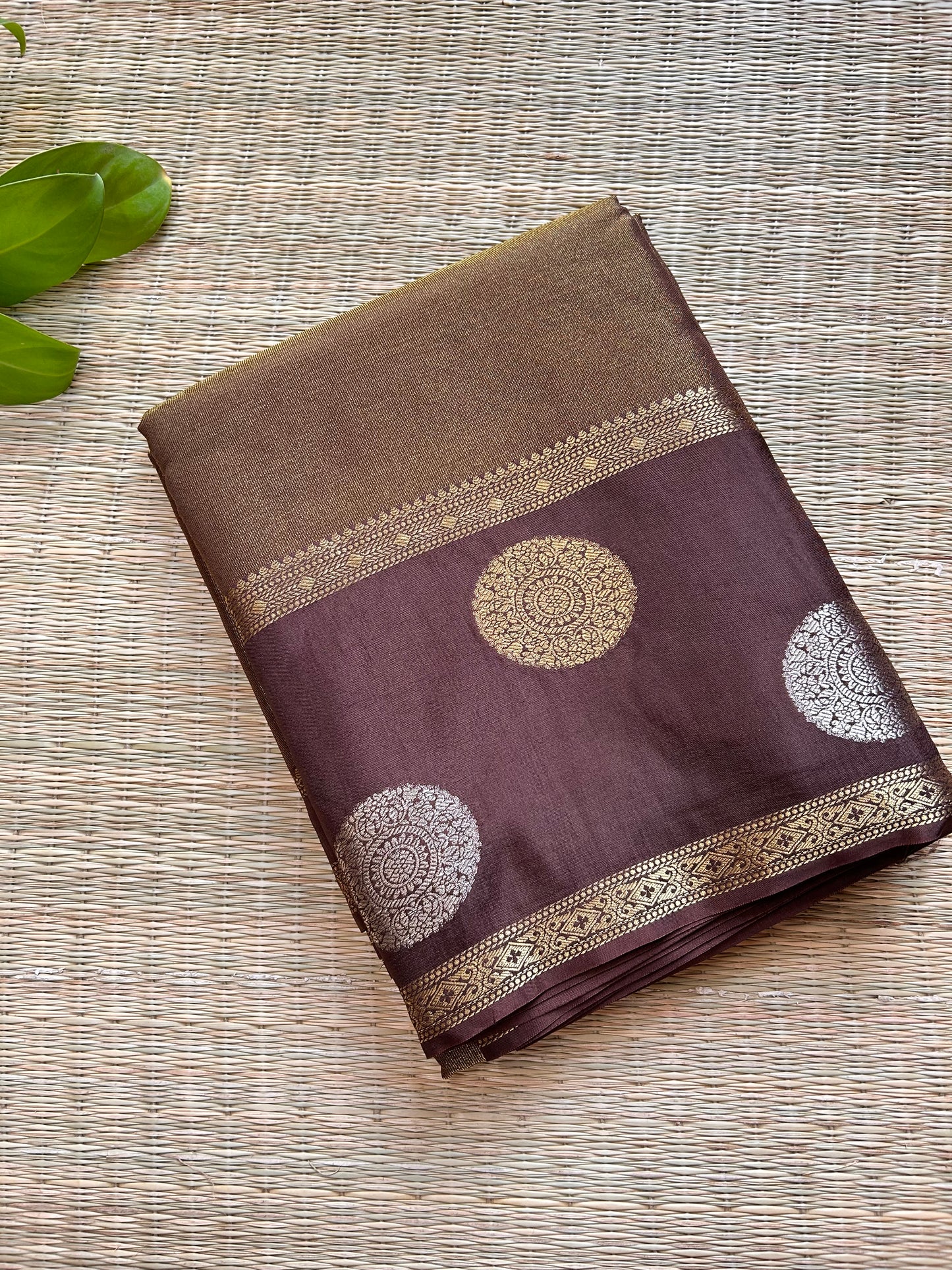 Brown gold tissue crepe saree
