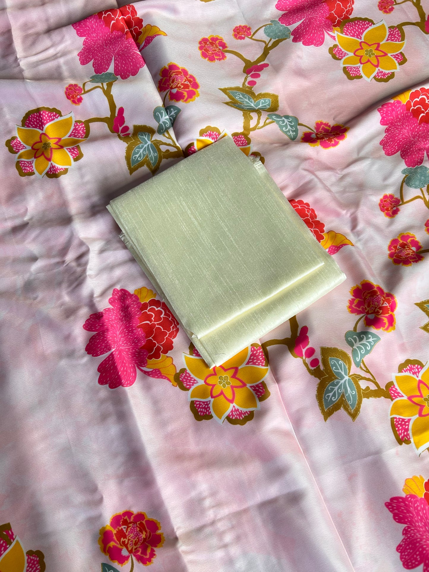 Pink floral satin saree