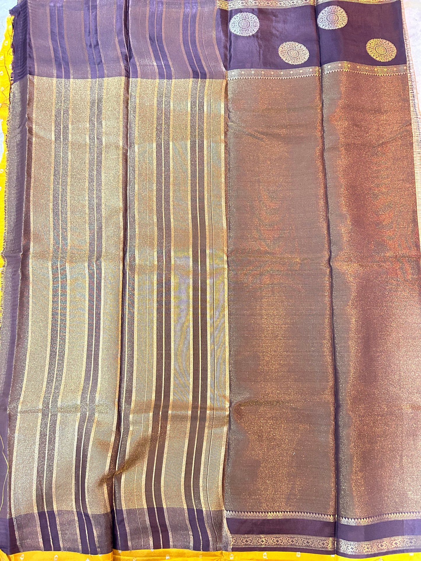 Brown gold tissue crepe saree