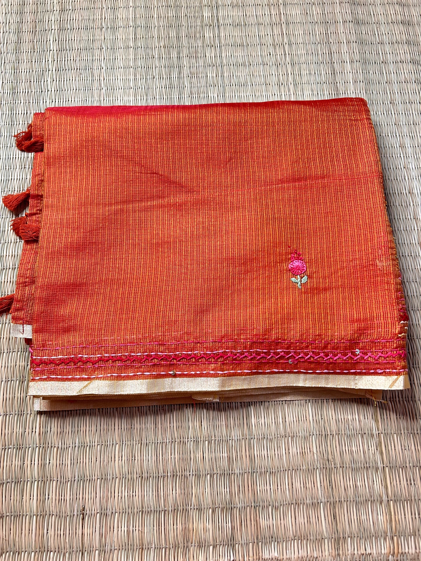 Orange Kota Doria saree with thread work
