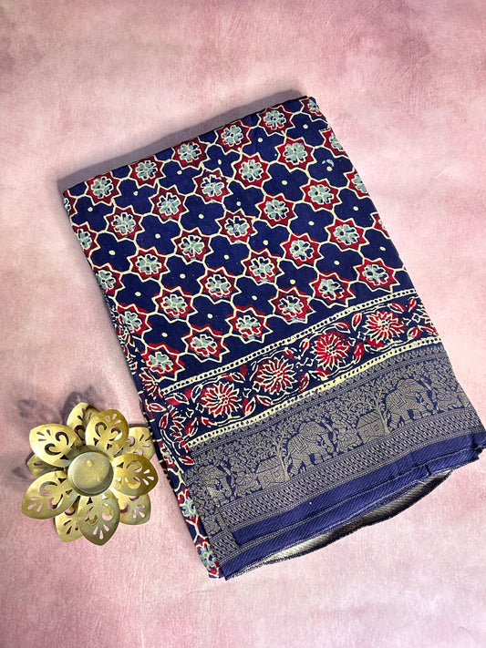Blue Ajrakh Dola silk saree