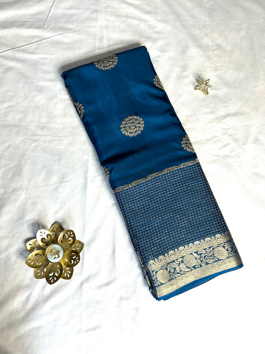Teal blue chinon crepe saree