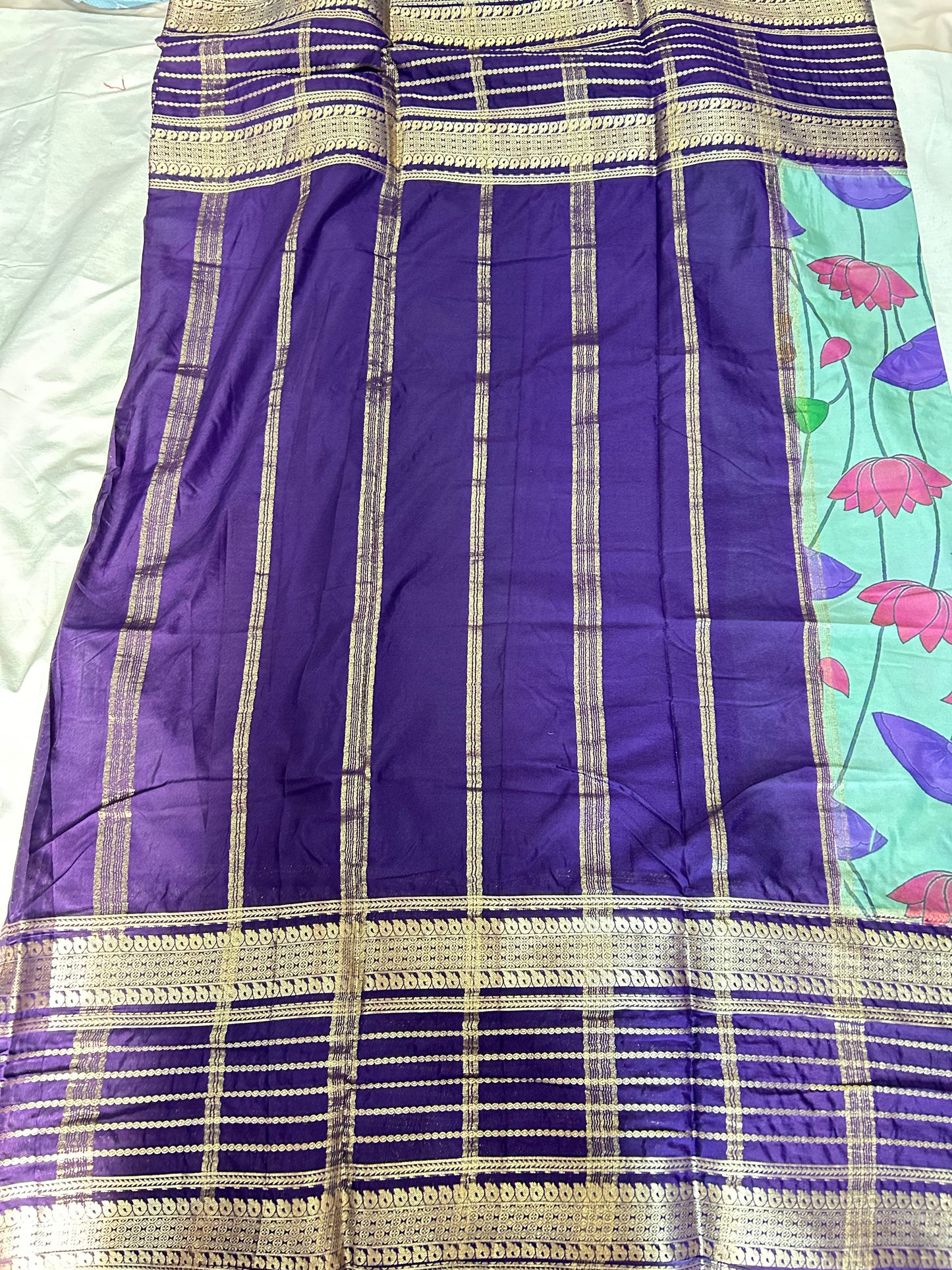 Blue kalamkari semi Mysore silk crepe saree