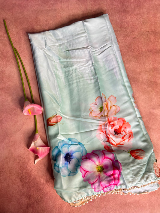 Cyan Blue floral satin saree