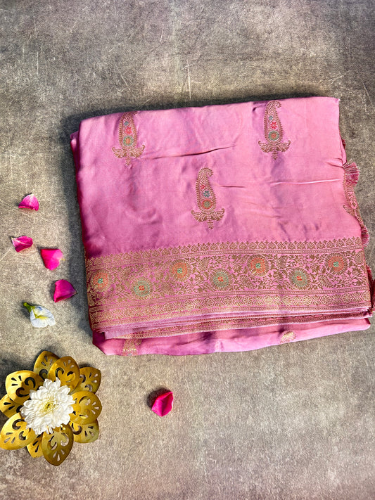 Pink Satin Banarasi saree