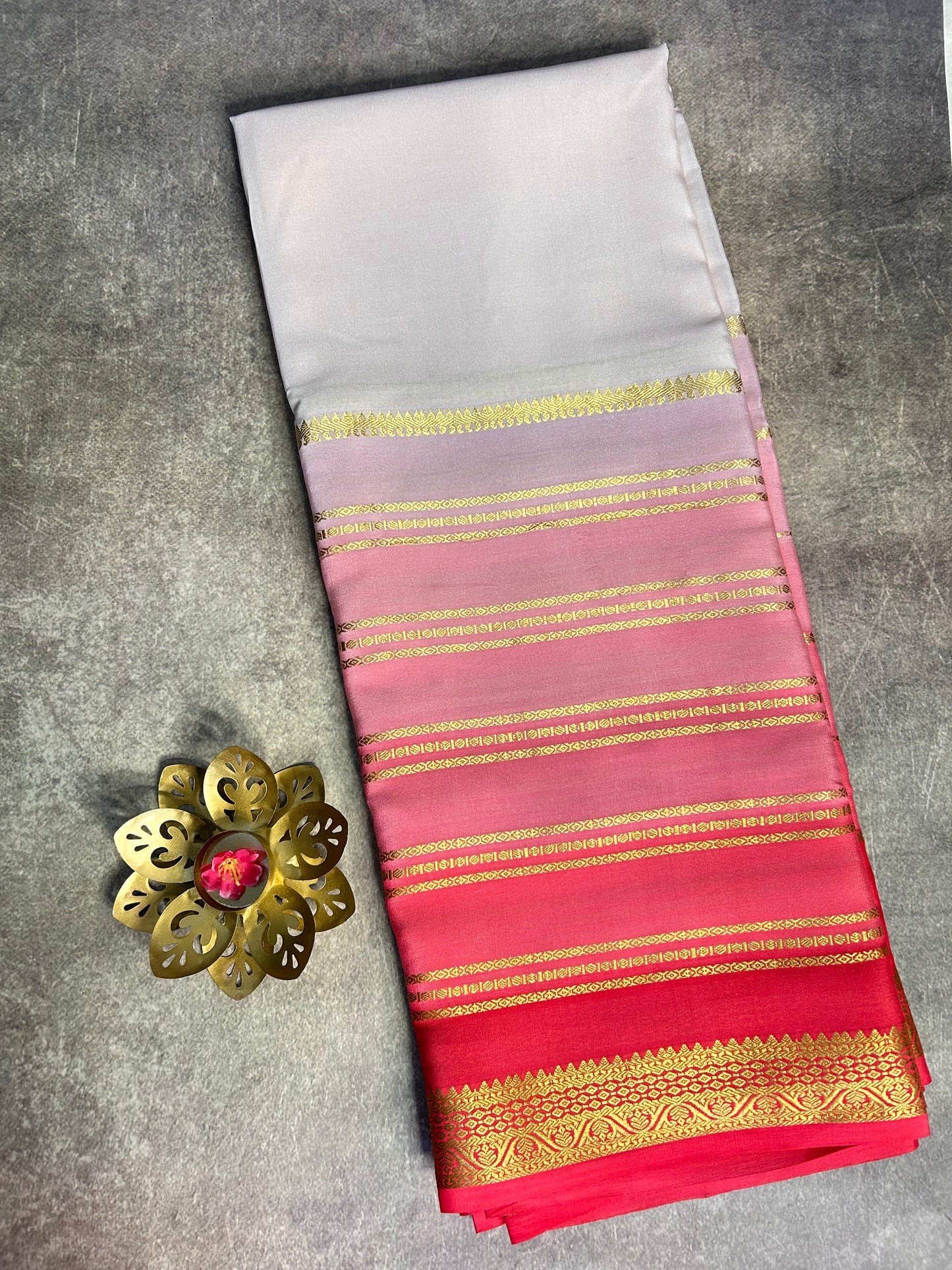 Peach pink brush dye pure Mysore silk saree