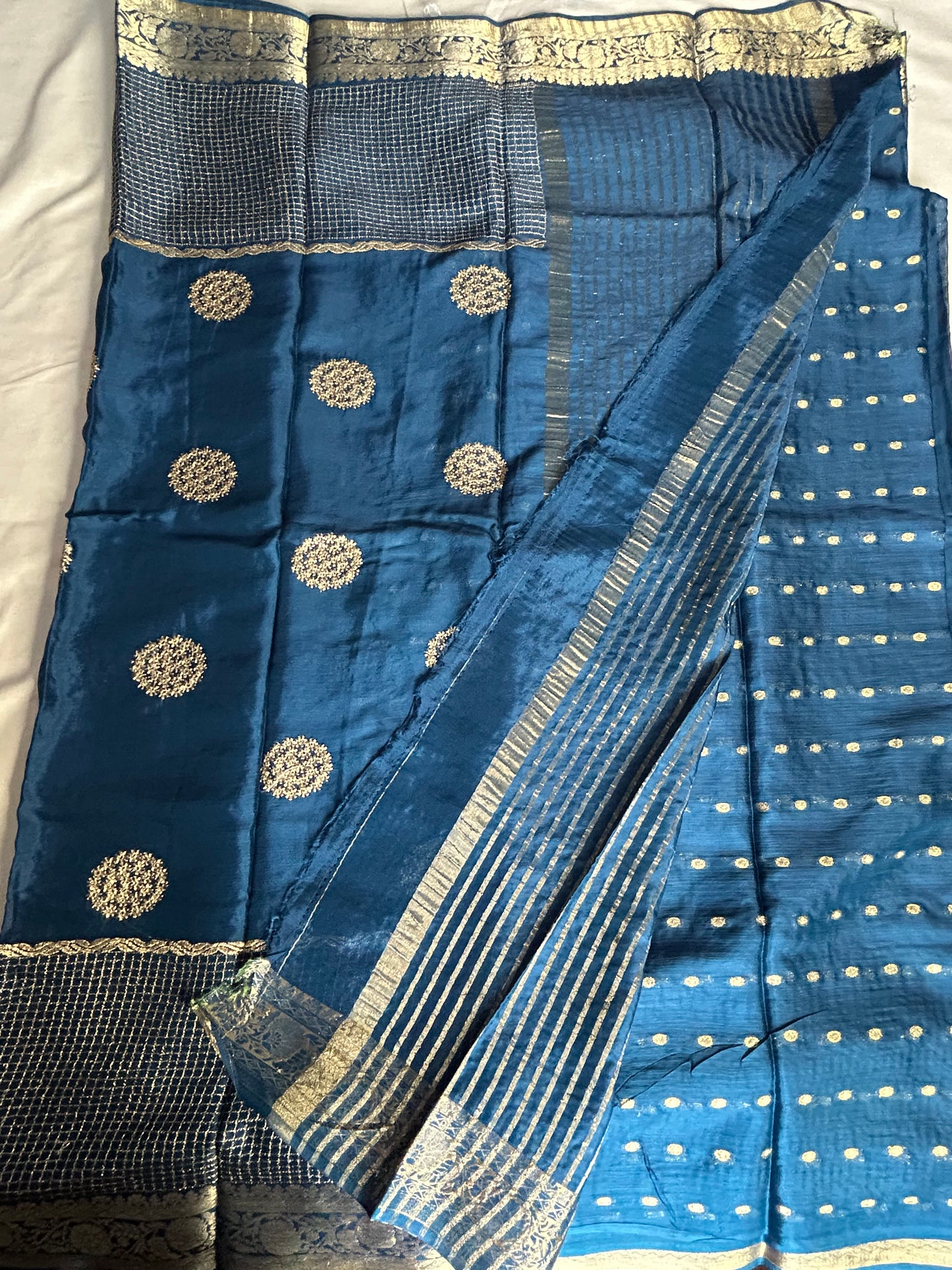 Teal blue chinon crepe saree