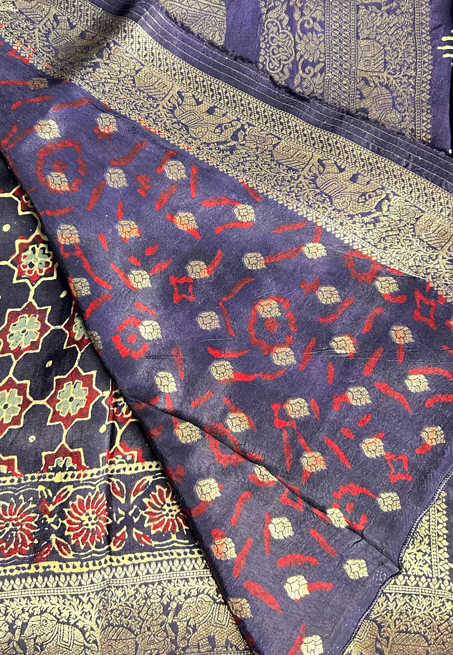 Blue Ajrakh Dola silk saree