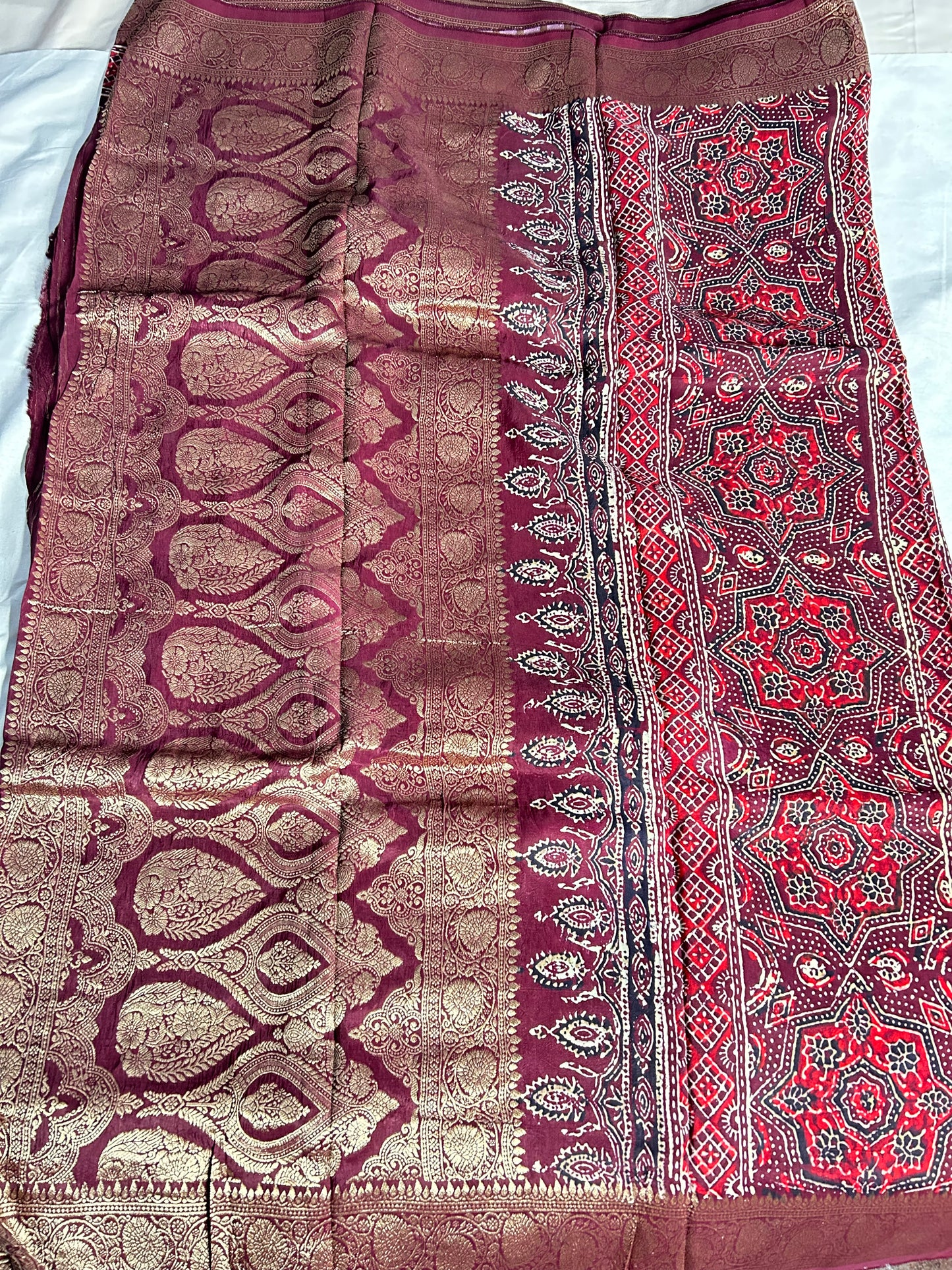 Maroon Ajrakh Dola silk saree