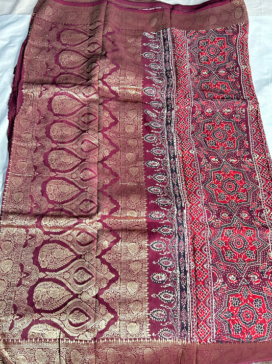 Maroon Ajrakh Dola silk saree