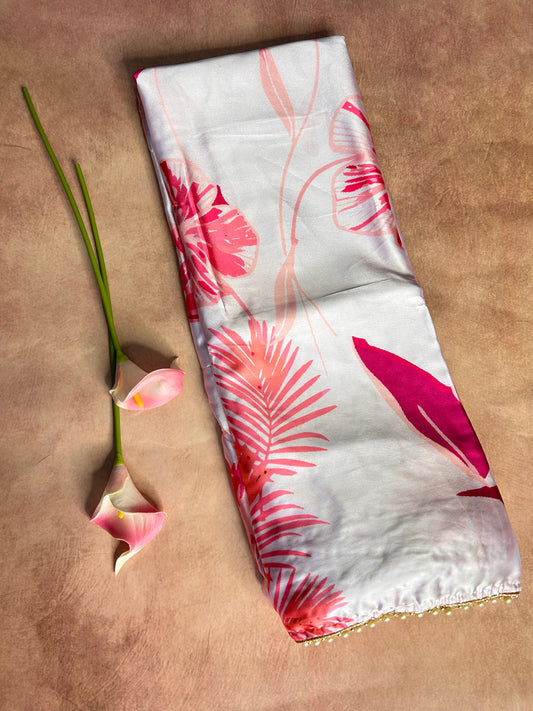 Off-white floral satin saree