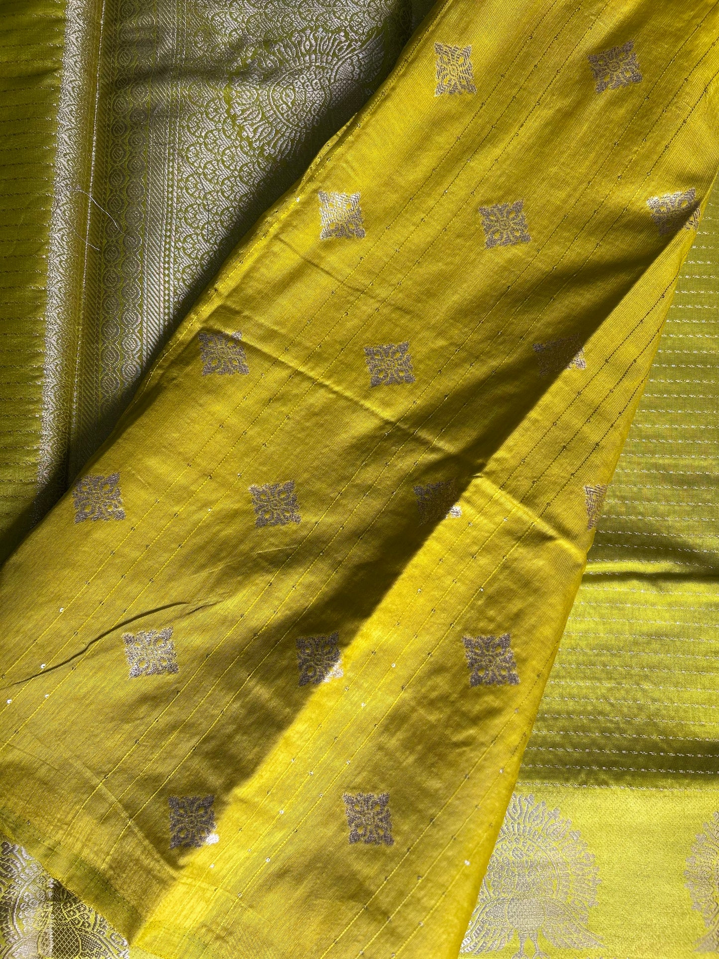 Yellow stripes raw silk crepe saree