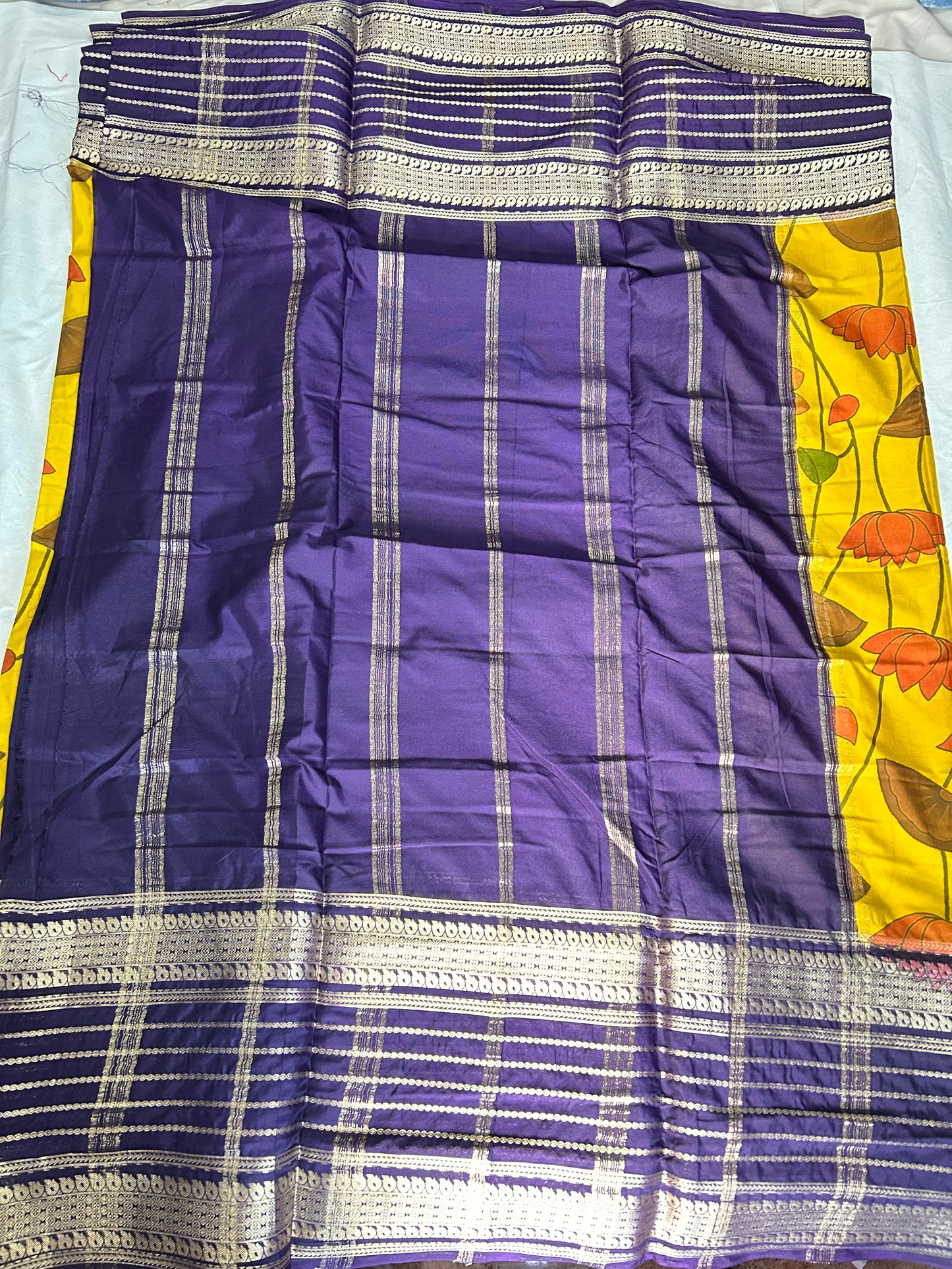Yellow kalamkari semi Mysore silk crepe saree
