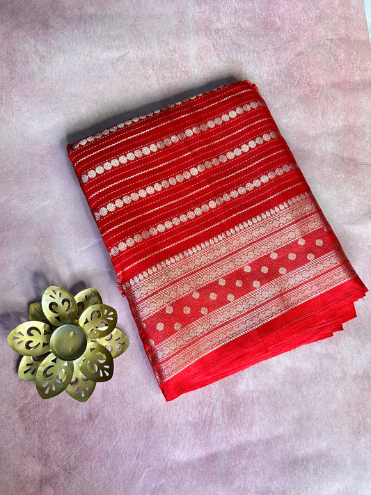 Orange gold stripes crepe saree