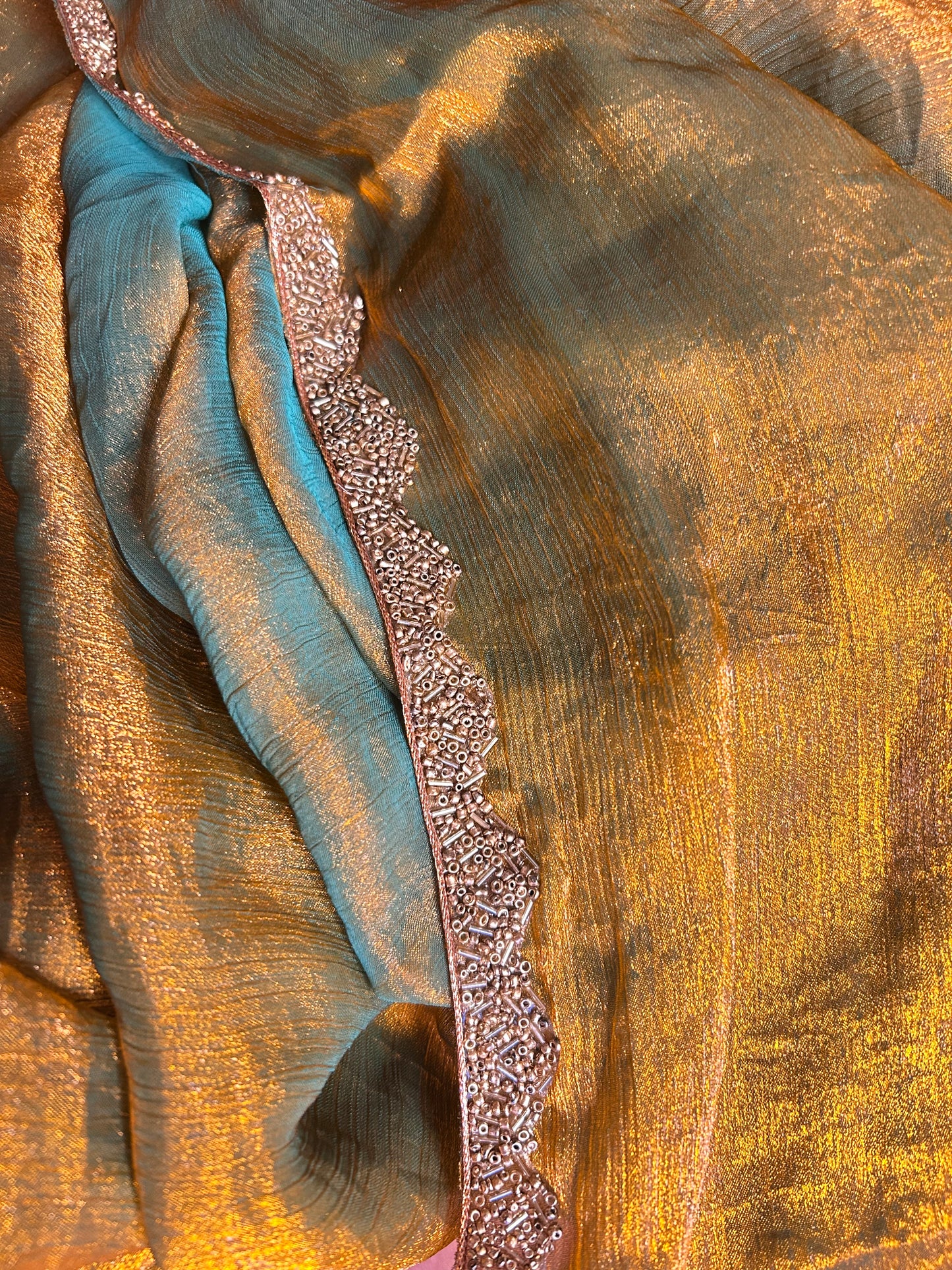 Gold green crush crepe saree