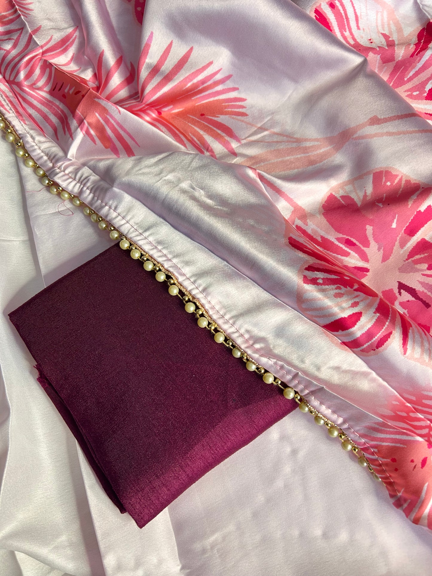 Off-white floral satin saree